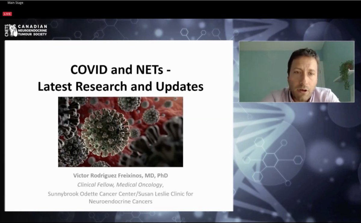 CNETSCanada's tweet photo. Dr. Victor Rodriguez Freixinos, Medical Oncology, presents on COVID and NETs - Latest Research and Updates #cnets2021 https://t.co/SEkDLrpk80