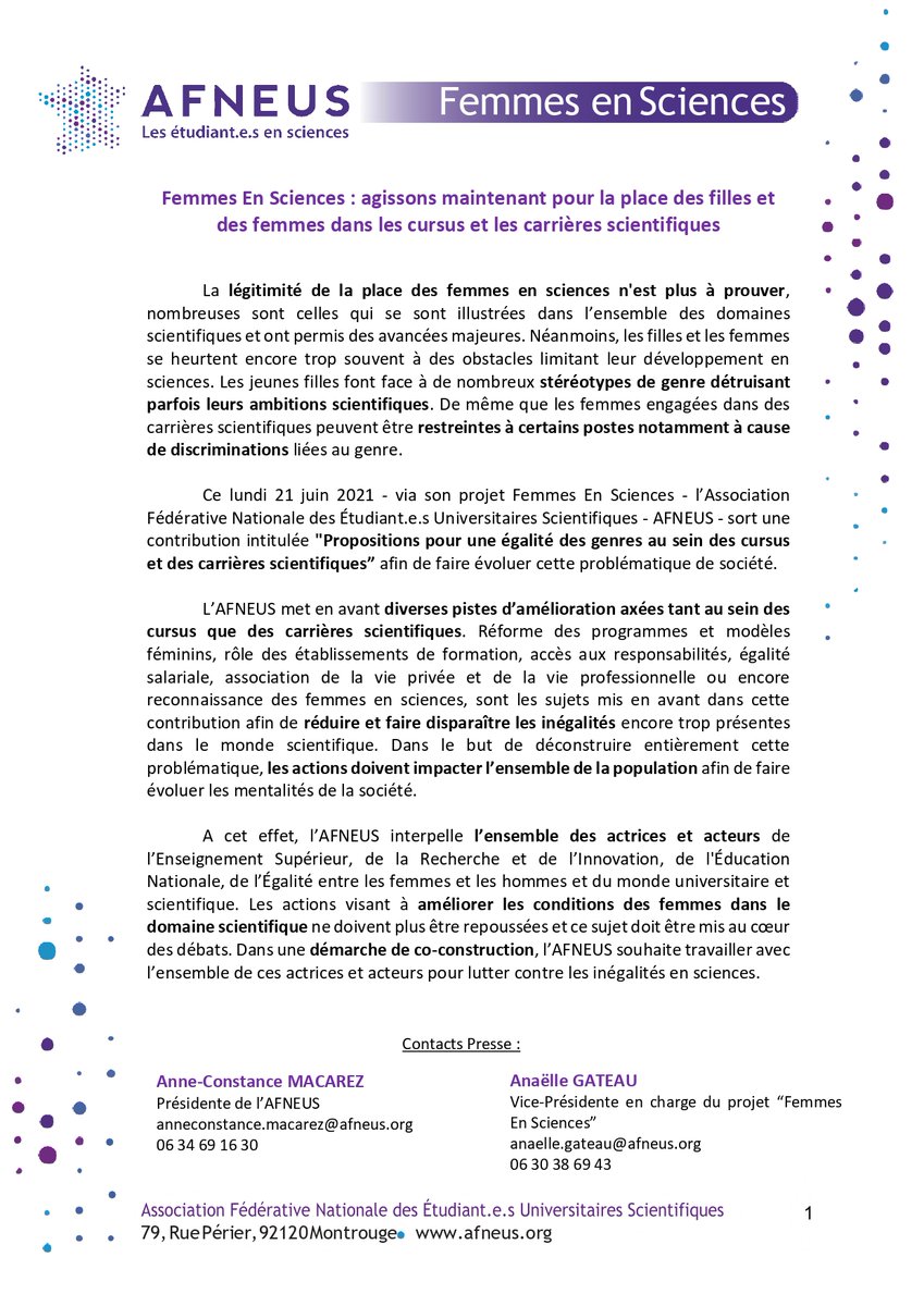 AFNEUS's tweet photo. [FES] Contribution
📢 L’AFNEUS présente sa nouvelle contribution via son projet @FES_AFNEUS et dévoile ses propositions pour une #égalité des #genres au sein des cursus et carrières #scientifiques. 👩🏻‍🔬

@education_gouv @egalite_gouv @sup_recherche @VidalFrederique @1ElisaMoreno https://t.co/vi0YCKcXUd