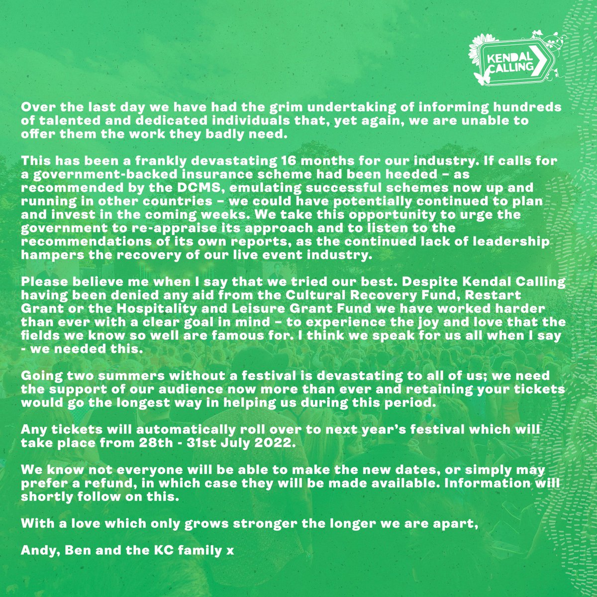 A message from the Kendal Calling team.

kendalcalling.co.uk