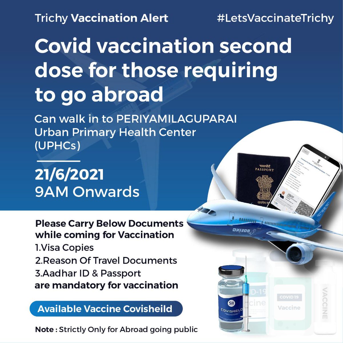 TrichyIT's tweet photo. #LetsVaccinateTrichy 

Covid vaccination second dose for those requiring to go abroad.

#seconddose #vaccine #Trichy #Tiruchy #திருச்சி  #தமிழ்நாடு #TamilNadu #tiruchi https://t.co/TQMhOTtZB0