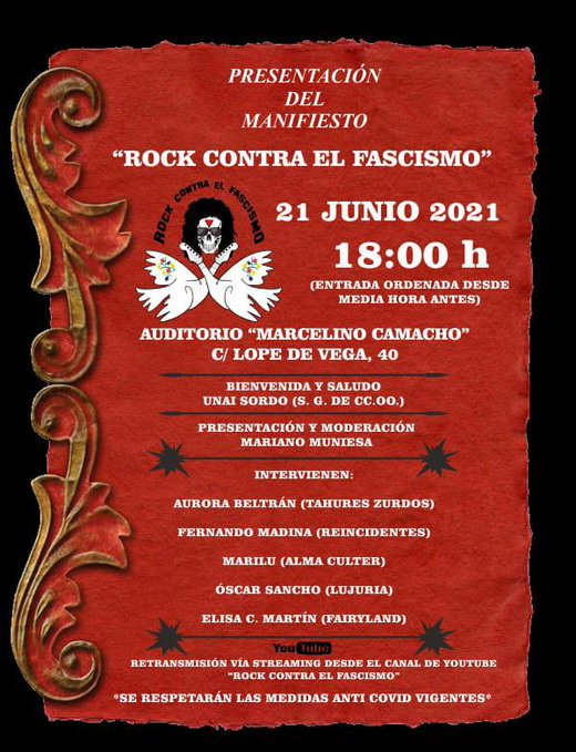 📅21 de junio, a partir de las 18h, <a href="/UnaiSordo/">Unai Sordo</a> asiste a la presentación de manifiesto Rock contra el Fascismo. <a href="/Rockcontraelfa1/">Rockcontraelfascismo</a>
¡Ni un paso atrás! 
#RockContraelfascismo
#CulturaCCOO

🏛 Auditorio Marcelino Camacho, Madrid 

ccoo.es/cms.php?cd_cms…