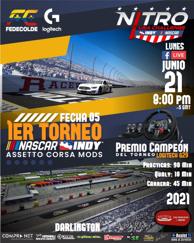 fedecoldeNal's tweet photo. Te esperamos mañana 8pm con la Fecha 05 - Darlington Raceway - Nascar- Nitro USA Challenge en Assetto Corsa con nuestra comunidad aliada Nitro Simracing Colombia  ¿Deseas competir? Visitanos https://t.co/gOHdNYEinw https://t.co/De7PC8buVG