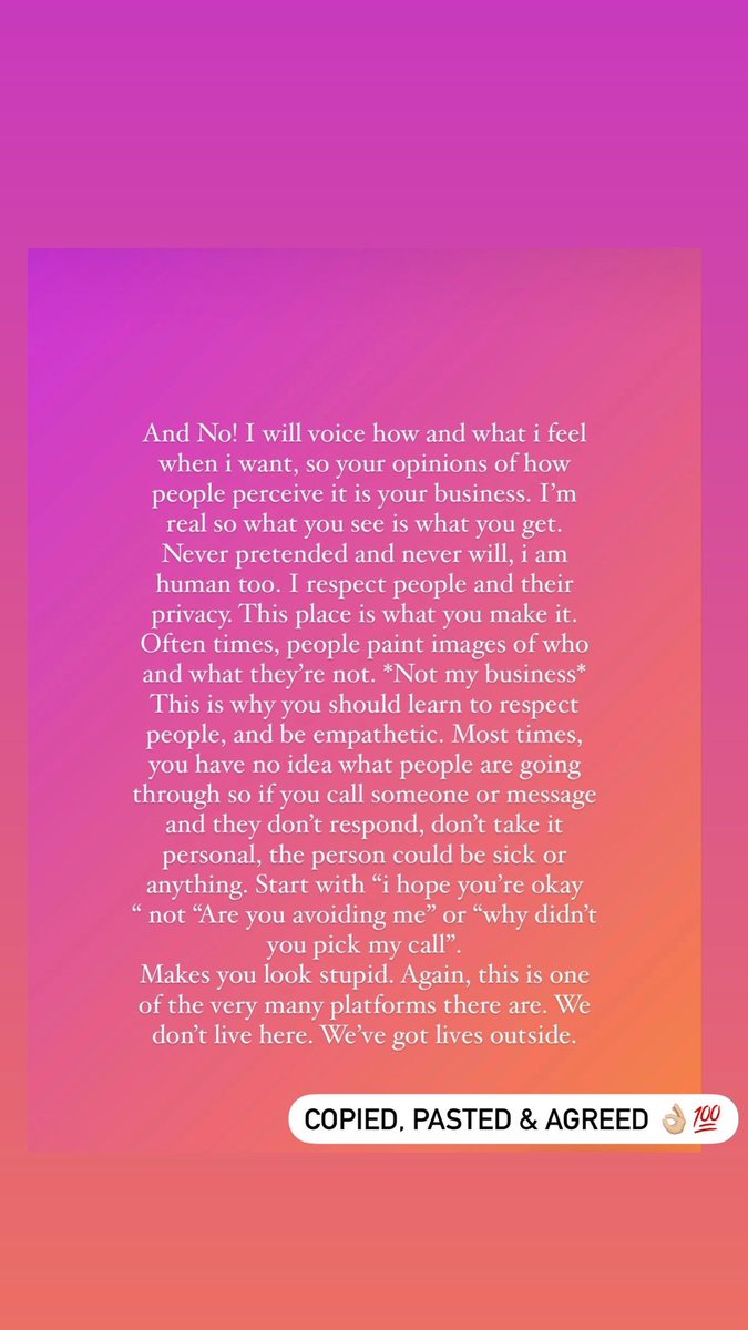I saw this on someone’s Instagram status and I truly agree with it 100%
•
So, I’m also sharing it here. A lot of people these day are abusing access, all in the name of social media. This has nothing to do with pride or ego,. it has a lot to do with setting boundaries.