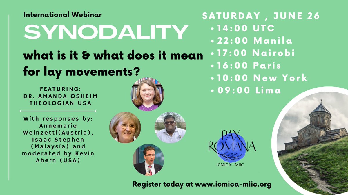 next Saturday : #Synodality: What is it &amp; What does it mean for Lay Movements? <a href="/Synod_va/">Synod.va</a>  <a href="/LaityFamilyLife/">Laity Family Life</a> 

Featuring Dr. <a href="/AmandaOsheim/">Amanda Osheim</a> - from <a href="/lorascollege/">Loras College</a> moderated by <a href="/kevin_ahern/">Kevin Ahern</a>   Of <a href="/ManhattanEdu/">Manhattan University</a> with responses from Malaysia and Austria zoom.us/webinar/regist…