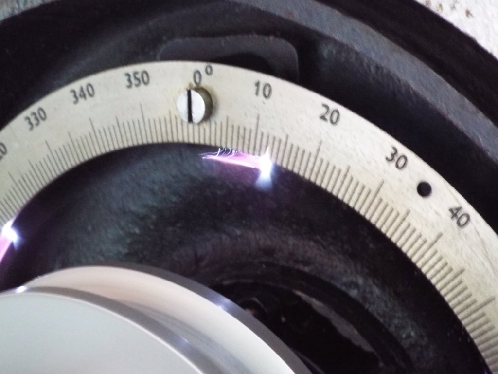 Six cylinder Vertex magneto on test. The trailing edge to the spark is auto advance working up to 15 degrees.