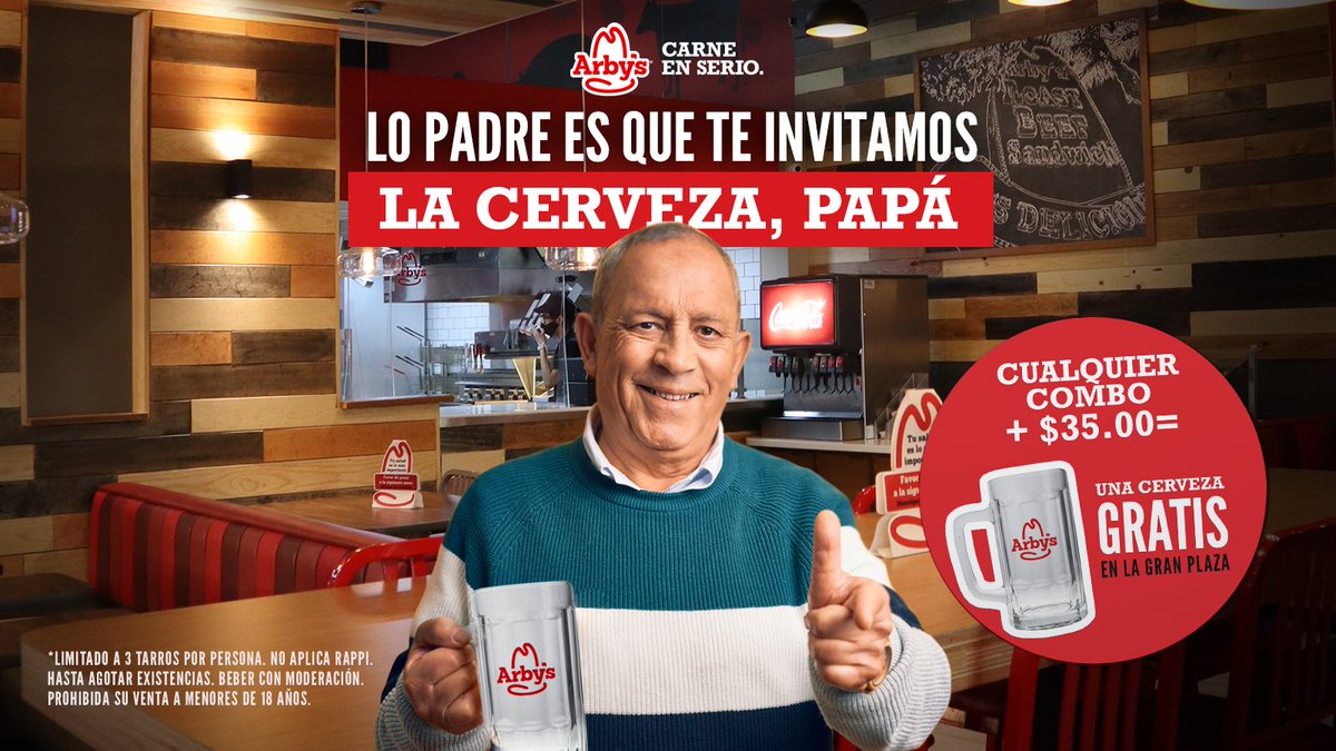 ArbysMexico's tweet photo. 🍻Celebramos a papá con algo igual de padre: en la compra de cualquier combo+$35.00 llévate el tarro #ArbysMX👊🏼Elige Andares si quieres solo el tarro o, vengan a La Gran Plaza, donde la primer cerveza va por nuestra cuenta. Máximo 3 tarros por persona. . Hasta agotar existencias. https://t.co/KrhbRGKZLT