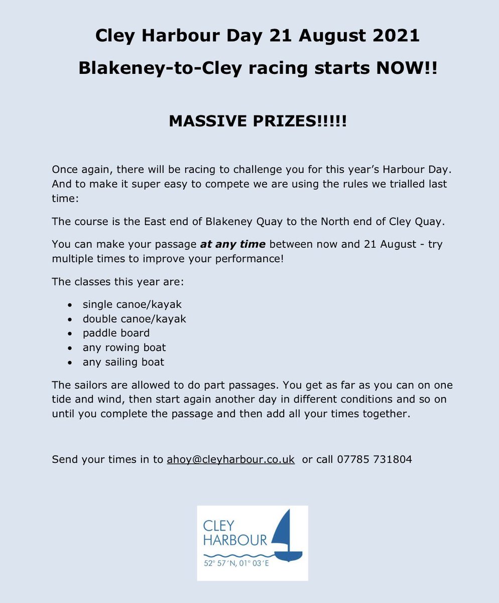 CleyNorfolk's tweet photo. Calling all competitive kayakers/canoeists,sailers, rowers and SUPers! Here’s a challenge-get yourself from Blakeney to Cley as quickly as you can (on the water) anytime between now &amp; Cley Harbour Day, 21 Aug. Prizes to be won!🥇Pls RT. @BHAssociation @CockleClub @Row_Blakeney https://t.co/xWIkNg2TFJ