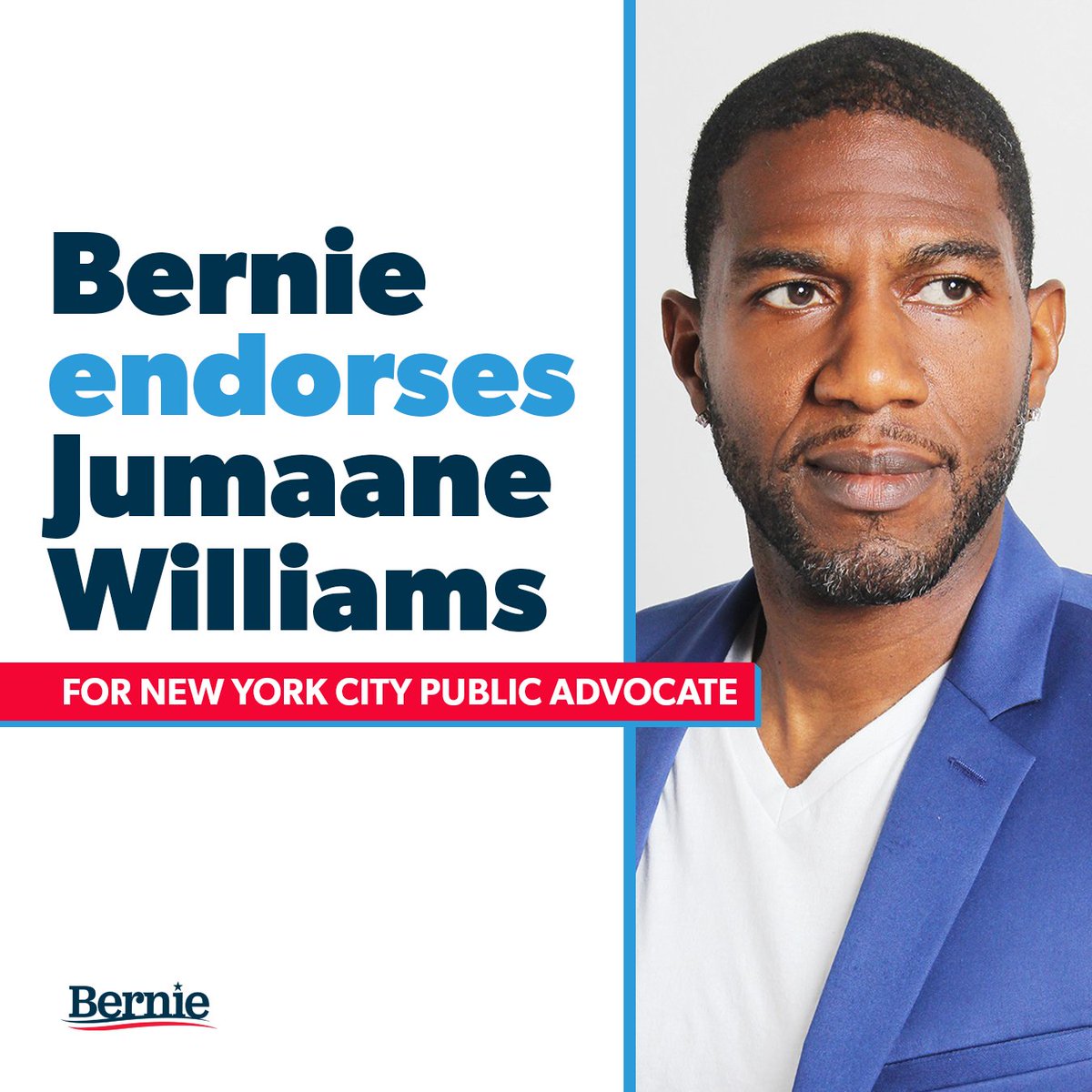 dcfairbank's tweet photo. @BernieSanders endorses @JumaaneWilliams for a full term as NYC Public Advocate in the Democratic Primary, June 2021. It's Time. Let's Go. https://t.co/VfouOrwIiR #LeftPrimaryNY https://t.co/c4b9d61msi