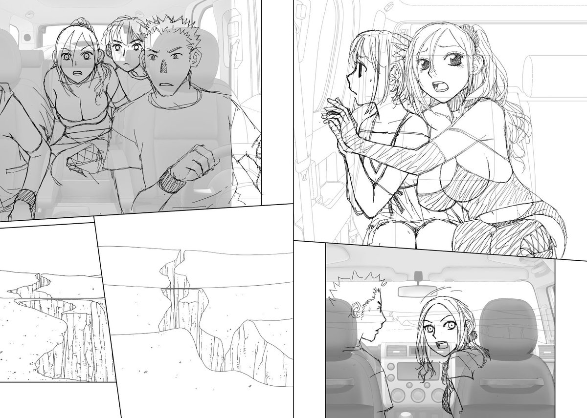 見開き単位で作業してた連載の下描き
台詞フキダシ擬音無しバージョン60↓

予め描いておいた背景絵が構図上足りない時は追加で描き足し…
時々メンズの下描きが手抜きになる事もあります
そう言えばメンズの服装も手抜きかも😅 