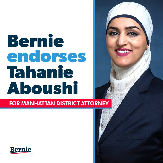 dcfairbank's tweet photo. @BernieSanders endorses @TahanieNYC #TahanieAboushi for Manhattan District Attorney https://t.co/fJZ5xnKJlM #TheProgressiveChoice #JusticeForAll #LeftPrimaryNY https://t.co/WOzc9tVX9V