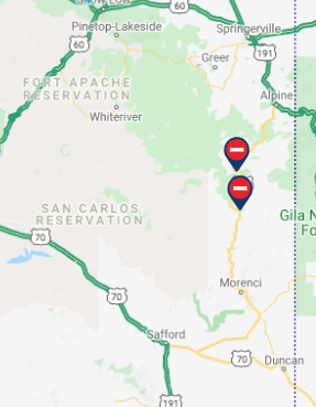 ArizonaDOT's tweet image. NEW FIRE CLOSURE: US 191 is closed in both directions south of Alpine between MP 201-225 because of the #BearFire.

ALSO closed today, June 20: 
#BACKBONEFIRE: 
SR 260, Camp Verde-SR 87.
SR 87, Payson-Lake Mary Road.

 #TELEGRAPHFIRE: 
SR 77 Globe-Winkelman.  

#aztraffic #azfire