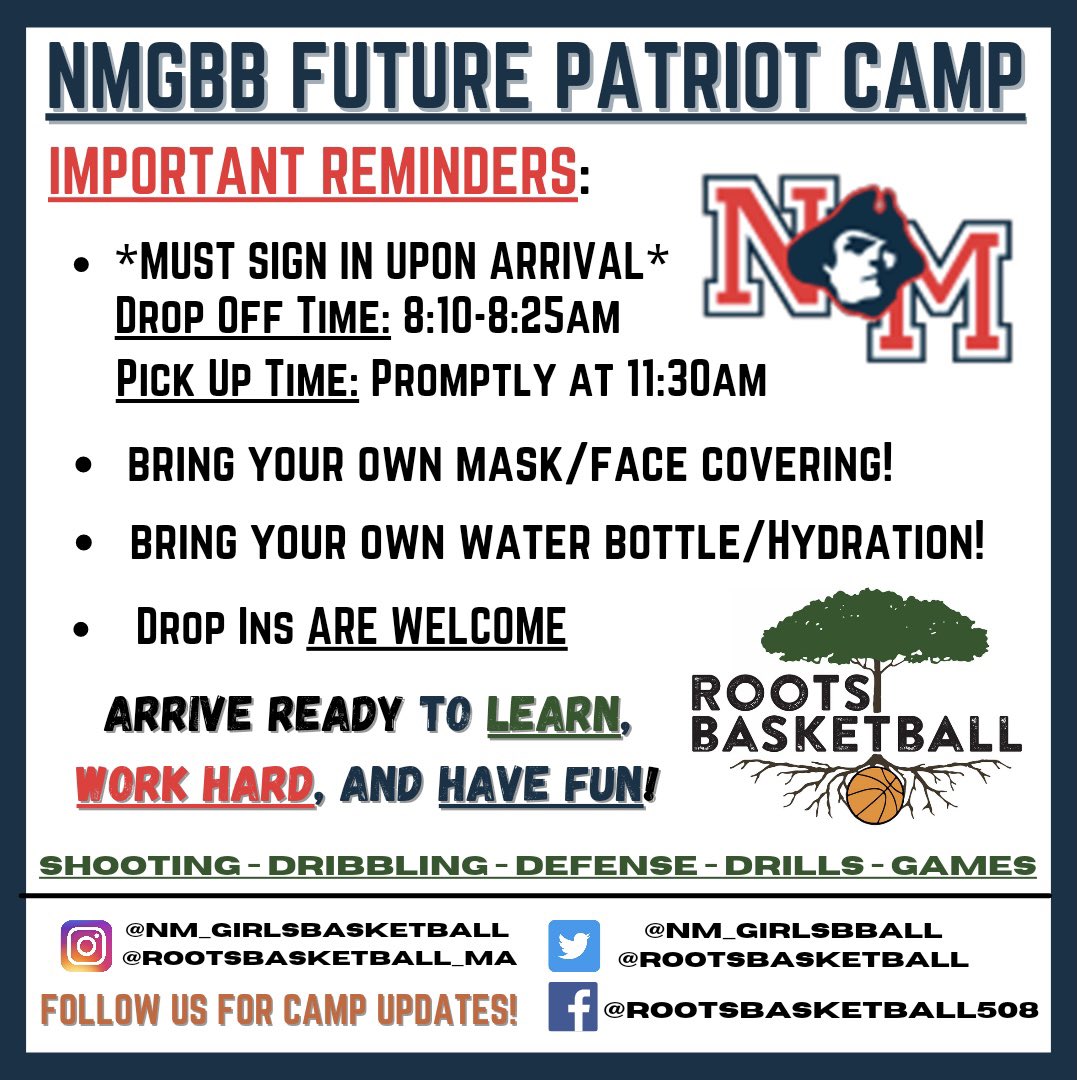 nm_girlsbball's tweet photo. Feels like Christmas Eve in June as the NMGBB Future Patriot Camp 2021 begins tomorrow morning! 🤩🏀🇺🇸

Find some important reminders in the graphic attached and we hope you’re as excited as we are for 4 days of learning, fun, and family! ⛹🏼‍♀️💙📈

#NMGBB #WeAreNM #KeepGrowing https://t.co/ysDp96oRmg