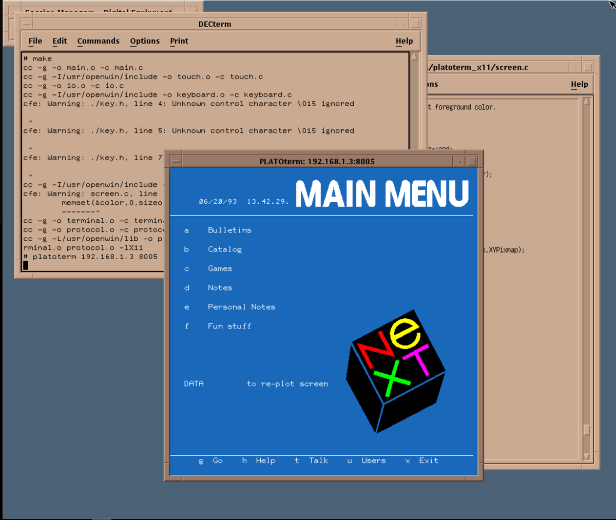 tschak's tweet photo. The #X11 port of #PLATOTERM compiles without changes under #ULTRIX on #DECSTATION 5000. Shown here connecting to https://t.co/gEdH702RYs. #PLATO https://t.co/RqbjwxAt5Y