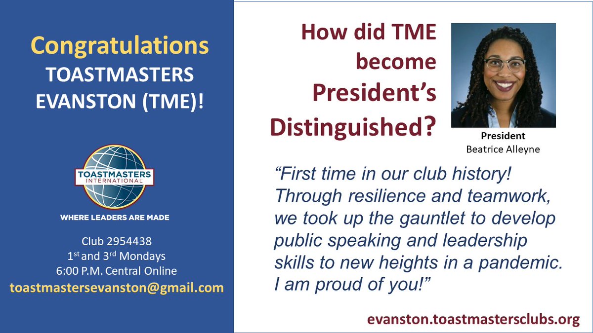 Congratulations to Madam President Beatrice and #Toastmasters #Evanston. We are proud of you!

powerUP your life w/ TME, guest signup: evanston.toastmastersclubs.org

#Toastmaster #ToastmastersInternational #Toastmastersclub #WhereLeadersAreMade