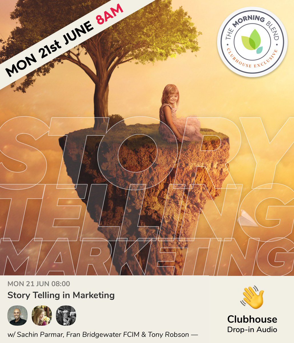 I'm discussing “Story Telling in Marketing” with Sachin Parmar, <a href="/drinksnetwork/">Fran Bridgewater FCIM 🥂🍷 Drinks Network</a> and The Morning Blend. Tomorrow, 21 Jun at 8:00 am BST on <a href="/clubhouse/">Clubhouse</a>. Join us! clubhouse.com/event/PGpeaB8k