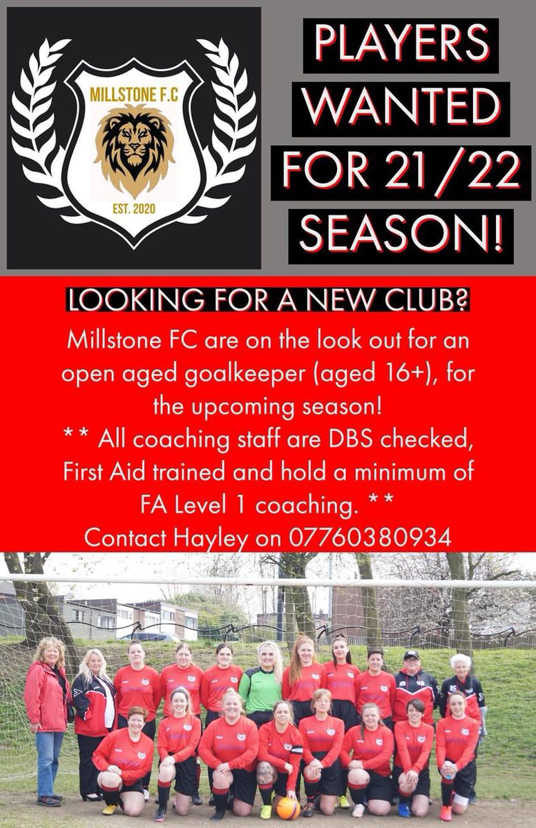 MillstoneFc's tweet photo. Millstone FC are looking for a female goalkeeper aged 16+ to join our first team! https://t.co/SPbTHcKOuF