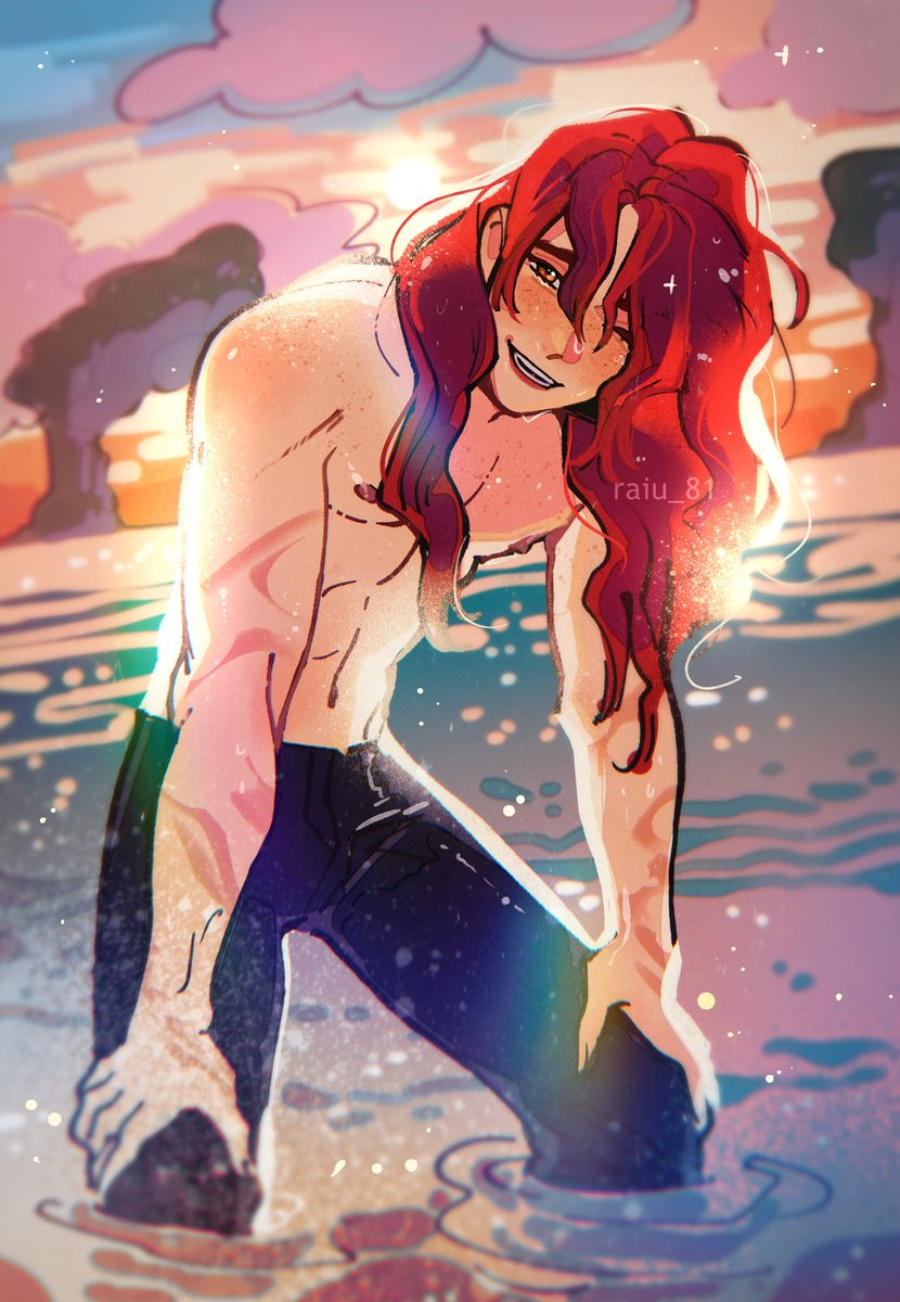 raiu_81's tweet photo. i just want #diluc to have some fun at the beach with everyone 🔥 https://t.co/F2Ho93ePF1