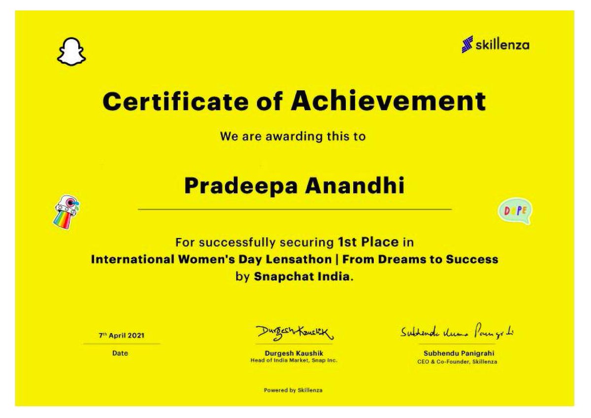 My “𝗗𝗿𝗲𝗮𝗺 𝘁𝗼 𝘀𝘂𝗰𝗰𝗲𝘀𝘀“ Lens got featured 𝗦𝗻𝗮𝗽 𝗟𝗲𝗻𝘀 𝘀𝘁𝘂𝗱𝗶𝗼’𝘀 𝗼𝗳𝗳𝗶𝗰𝗶𝗮𝗹 𝗻𝗲𝘄𝘀 𝗽𝗮𝗴𝗲. 

And I'm very glad to share that I secured first place in Snap's IWD Lensathon event.

Link to Lens Studio news page: 
lensstudio.snapchat.com/news/young-wom…