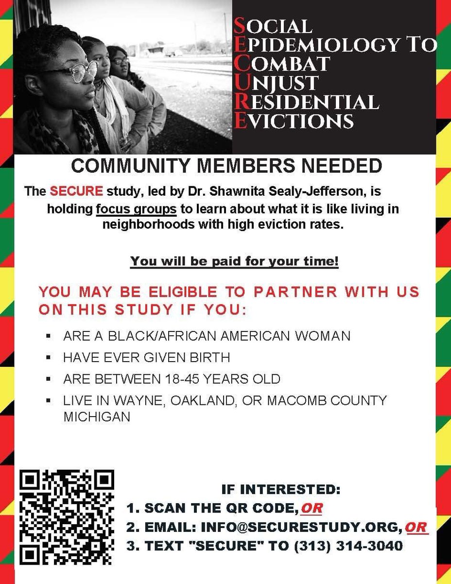 Dr_S_Jefferson's tweet photo. Calling Metro #Detroit Black/African American women! We need to hear your voices! Share your experiences! Please tell all your Metro #Detroit friends and family to help us collect this evidence for ACTION! ✊🏽❤️🖤💚 https://t.co/SO1G7frPfE https://t.co/EHqjifrpKv