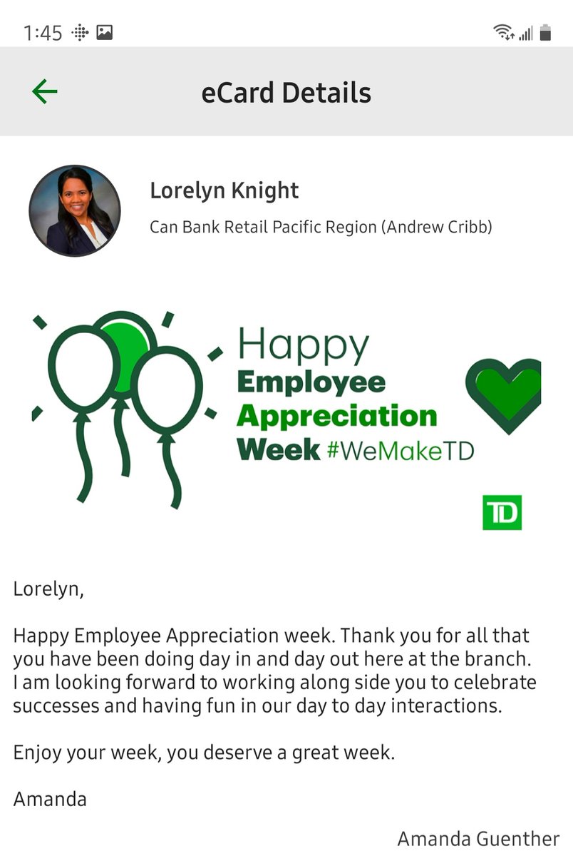 My heart is full with gratitude to receive this from one of our MCE at Branch 0274.  I'm beyond thrilled to be appreciated. Thank you Amanda, @heatherlawn_TD <a href="/KENJENENEBRI/">Richard Ken Rodgers</a>  Happy Employee Appreciation Week TD family.