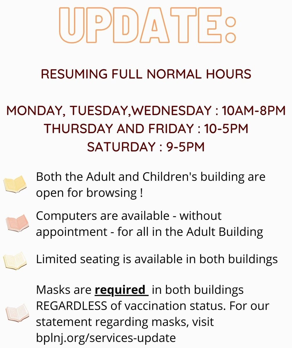 BPLnj's tweet image. Beginning tomorrow! We're rolling back even more of our restrictions. 
.
.
#reopeningupdate #bplnj #bloomfieldnj #bloomfieldlibrary #summer2021