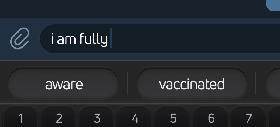 _Ninji's tweet photo. the iOS keyboard suggestions are very optimistic here. i am neither fully aware nor fully vaccinated but i wish i was both https://t.co/nGVRy0ZbL7