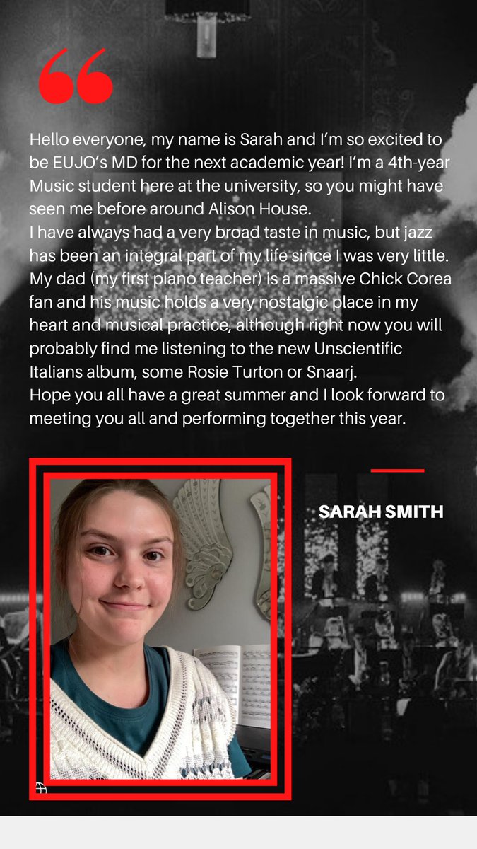 EdUniJazz's tweet photo. #announcement #bignews #stopthepresses 
We are absolutely delighted to announce our new Musical Director: Sarah Smith! We are beyond excited for what Sarah will bring to EUJO next year but for now we'll let her introduce herself... https://t.co/xnEzUi5fMC