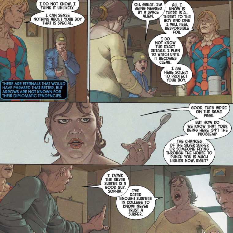 CrazyforRAMU's tweet photo. Before it hits theaters, #Eternals is enjoying an exquisite revival in #MarvelComics. Funny, as shown here, but also intriguing, and the art is worth savoring.

This is Eternals 3, by @kierongillen &amp; #EsadRibic, now on #MarvelUnlimited.

#Ikaris #SilverSurferShade #FunnyPanels https://t.co/Znkbo8KqY5