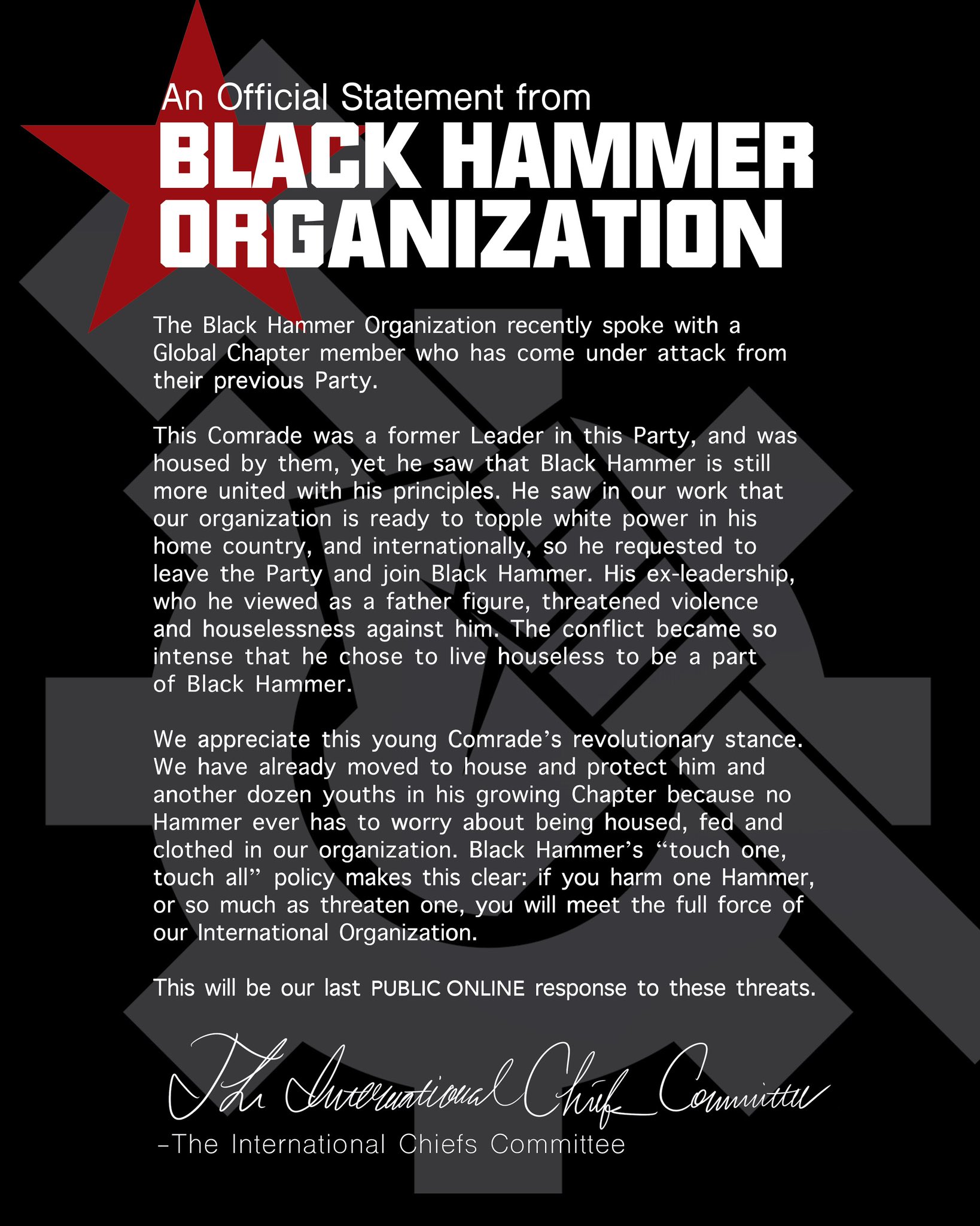 Bh Times Recently A Certain Party Made Direct Threats Against The Black Hammer Organization Threatening One Of Our Newest And Brightest Global Chapter Comrades T Co K5ct47tzxt Twitter