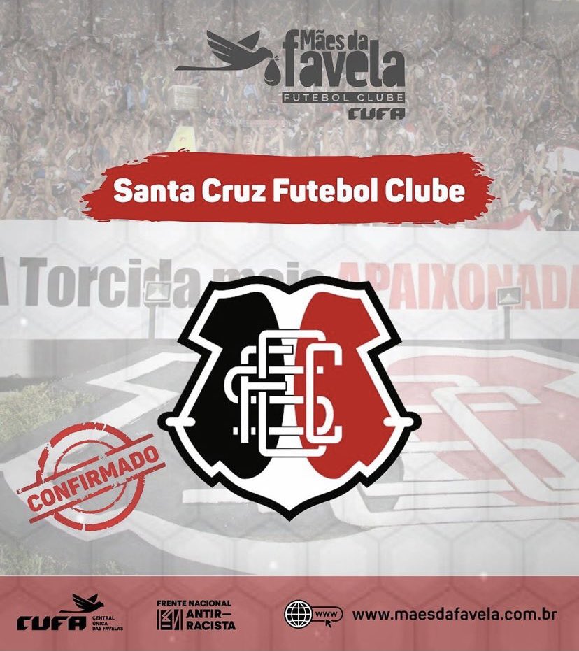 #Confirmado | O Santa Cruz é presença confirmada no projeto “Mães da Favela Futebol Clube”.

Vamos unir clubes e torcedores para batermos a meta de R$ 100 milhões em alimentos, em apenas uma semana.

A arrecadação acontecerá entre 21 e 27 de junho, no estacionamento do clube.