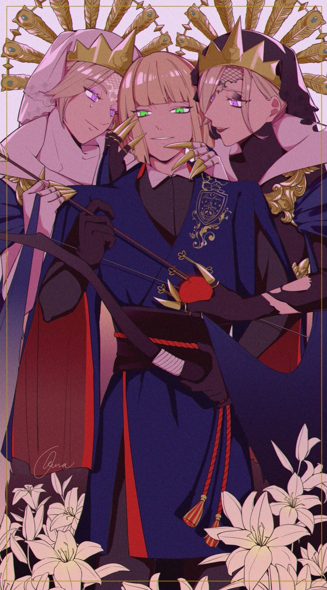 blonde hair flower green eyes purple eyes holding multiple boys weapon  illustration images