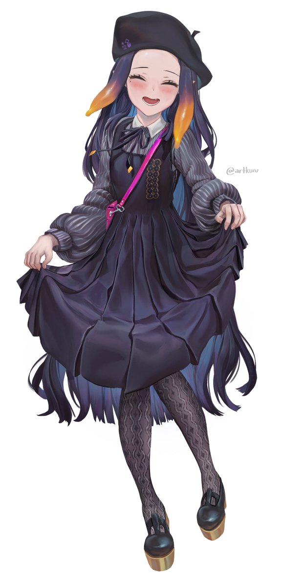 ninomae ina'nis 1girl solo long hair tentacle hair dress gradient hair hat  illustration images