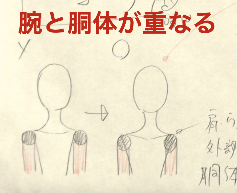 【腕と胴体が重なる】
肩腕の関節はバラバラではなく、胴体内部で重なる
※21年6月基礎コース【正面立ちポーズ】添削結果より 