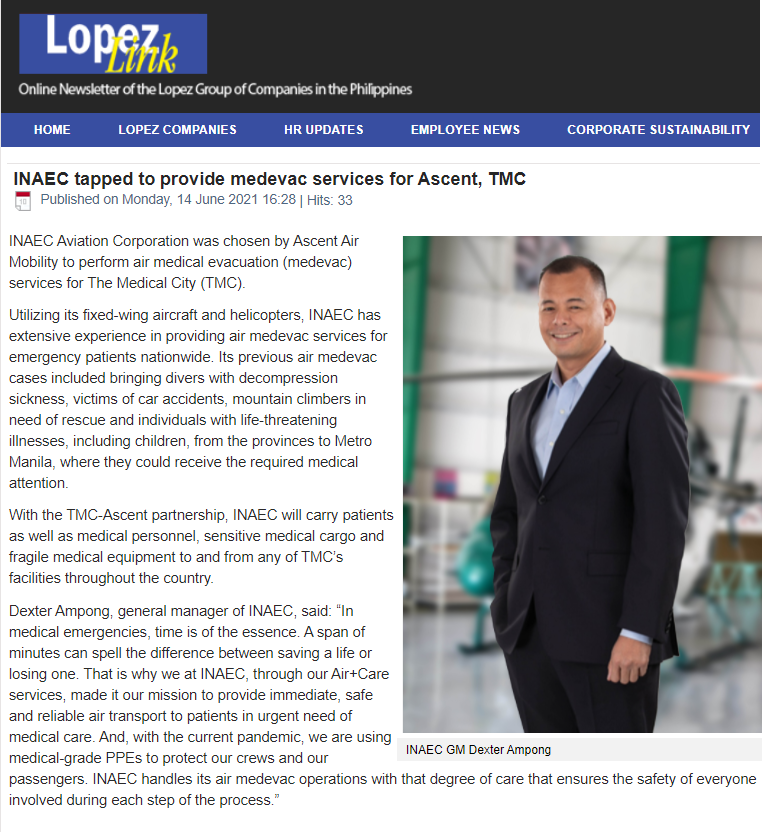 lopezlinkph's tweet photo. INAEC tapped to provide medevac services for Ascent, TMC https://t.co/glK6EpDPC9

#INAEC #AscentAirMobility #TheMedicalCity #airmedevac #aviation https://t.co/bGMfLbGeHf