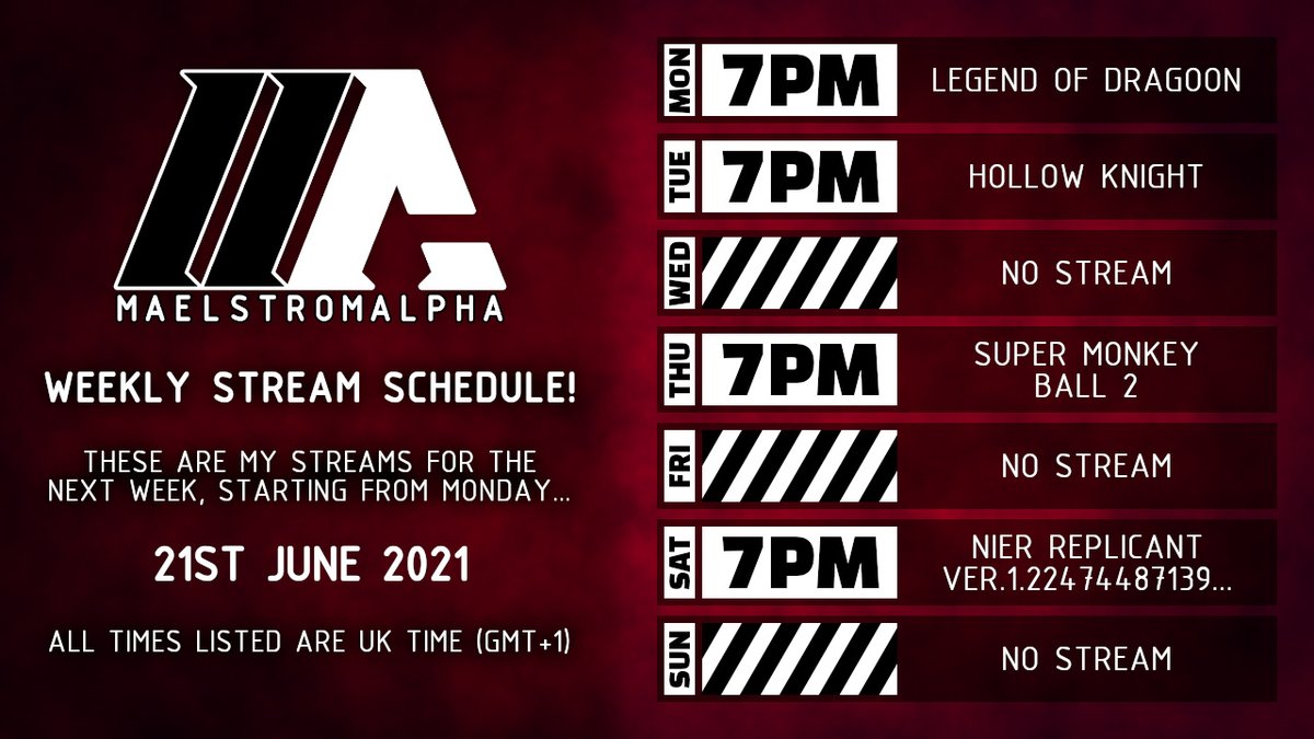 MaelstromALPHA's tweet photo. Here is my streaming schedule for next week! Monke ball story is done, moving onto the challenge levels.. & hopefully getting through ending C+D on NieR!
#LegendofDragoon, #HollowKnight, #SuperMonkeyBall2, #NieRReplicant
Come watch me live on #Twitch! @ https://t.co/QeoEUhQffq https://t.co/LApLLvbXgx