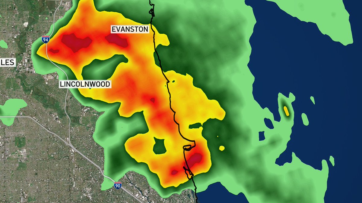 Non-severe thunderstorm cell is producing gusty winds and heavy downpours in Evanston into the Rogers Park neighborhood.