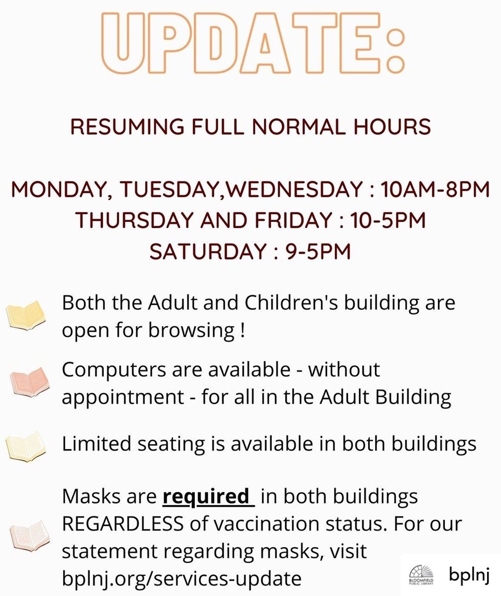 BloomfieldPulse's tweet image. Posted @withregram • @bplnj Beginning tomorrow! We're rolling back even more of our restrictions. 
.
.
#reopeningupdate #bplnj #bloomfieldnj #bloomfieldlibrary #summer2021
