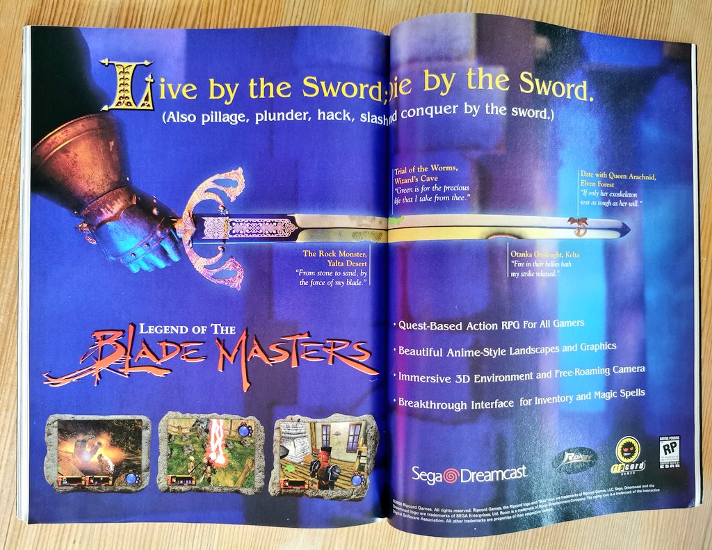 ChrisGoPlay's tweet photo. #SegaSunday In EGM's June 2000 issue you will find an advertisement spread for Legend of The Blade Master, an unreleased RPG for the Sega Dreamcast!

#GameADs #GameAD #GameAdvertisement #GamingMags #GamingMagazines #GameMags #GameMagazines #LegendOfTheBladeMaster #Dreamcast #Sega https://t.co/mkuaKtBNto