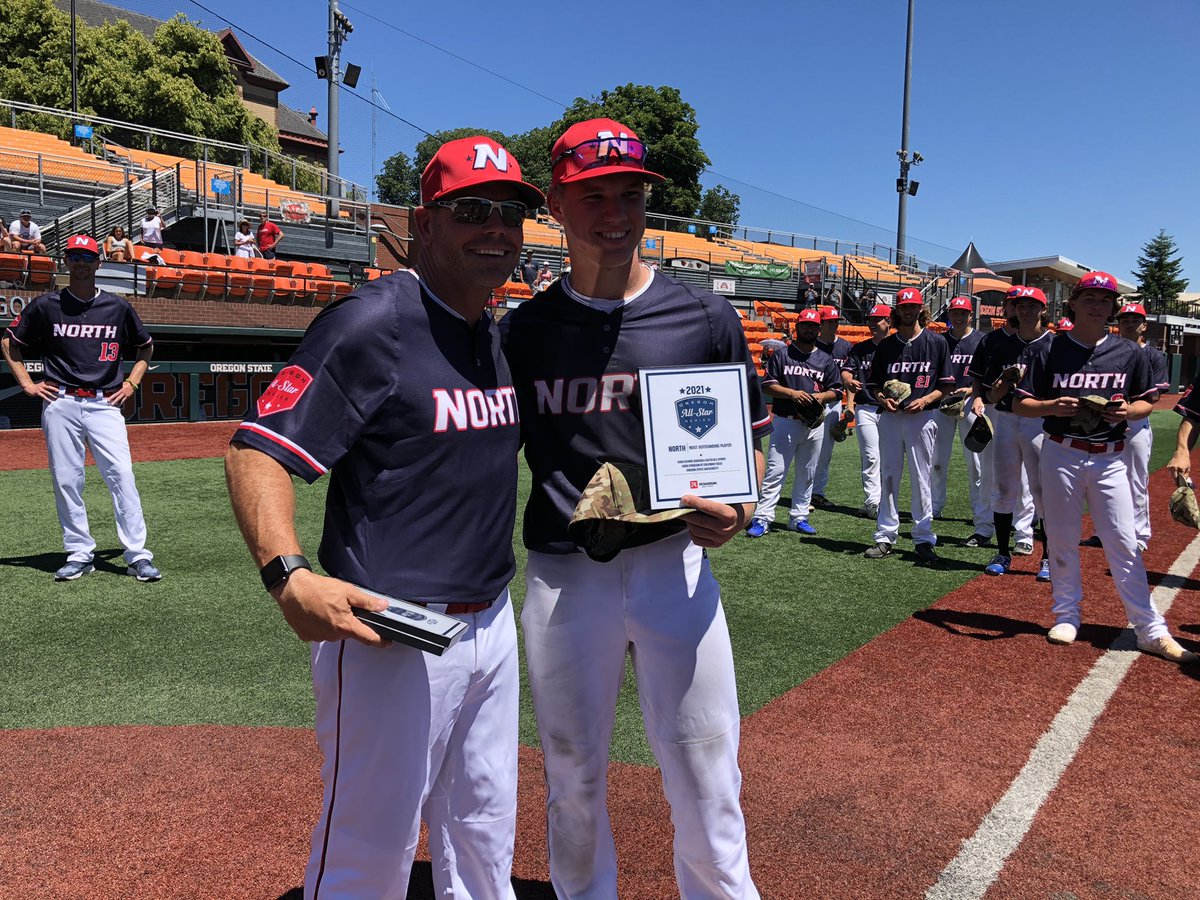 ORAllStarSeries's tweet image. The North Most Outstanding Player and North Most Outstanding Pitcher were first baseman Jack Nehler of Gresham High School and Chance Wallace of Sunset High School, respectively. @MSUBBaseball @BoxersBaseball