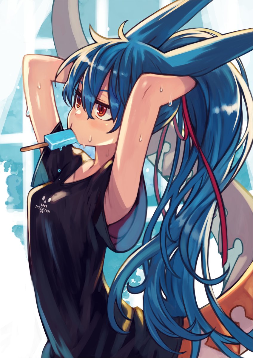 1girl blue hair food solo tail long hair ponytail  illustration images