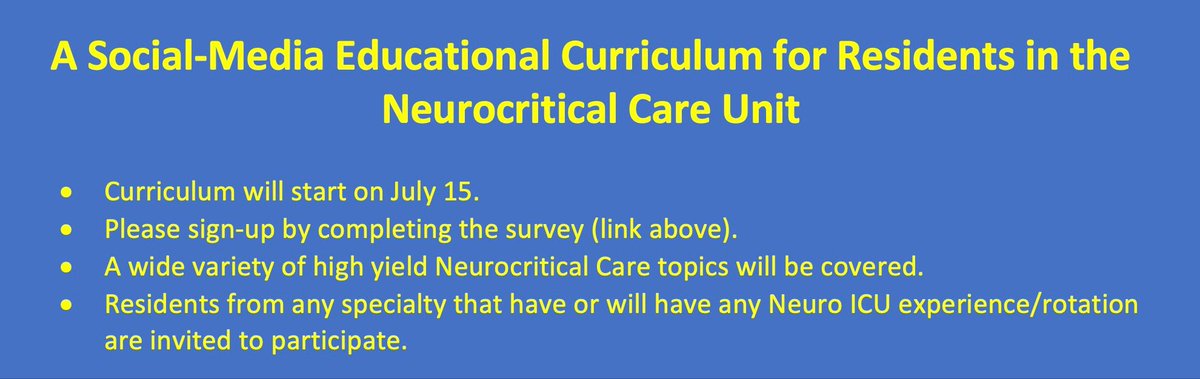 Our #NeurocriticalCare educational curriculum sign-up link is available! If you would like to be part of it, please complete the following survey j.mp/3wLDtLL. Any resident who has rotated or will rotate in a Neuro ICU is invited to participate!