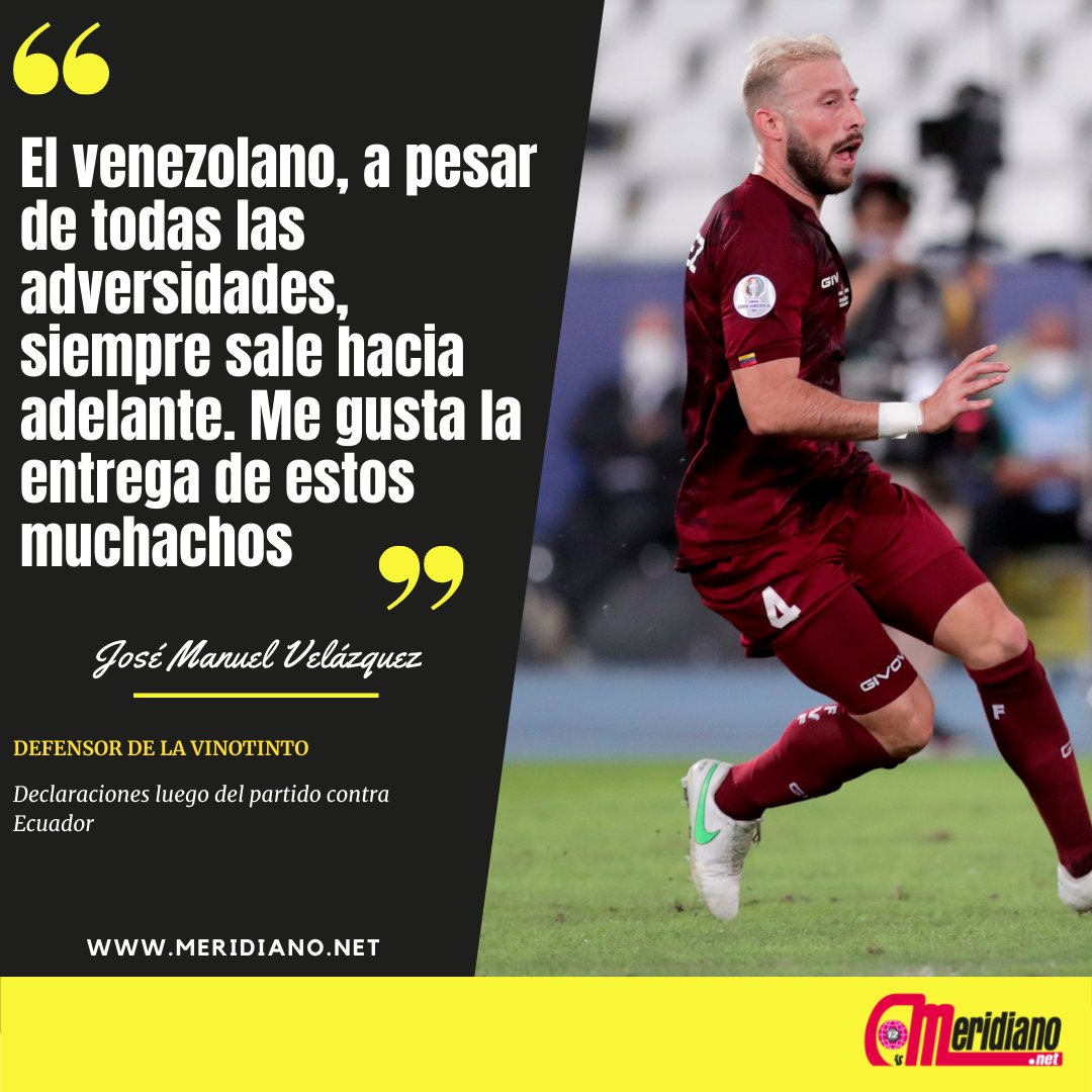 Meridianoonline's tweet photo. Estas fueron las declaraciones del defensor José Manuel "Sema" Velázquez, tras el partido contra Ecuador, donde La Vinotinto consiguió un importante punto para seguir en la pelea por un cupo a los cuartos de final de la Copa América.  🇻🇪😍🏆

¡Qué gran frase, 'Sema'! 🇻🇪👏 https://t.co/GeUGDjh3iV