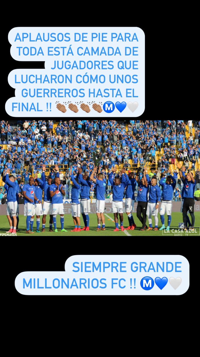Orgulloso de ustedes muchachos hicieron un gran esfuerzo!! Duele perder !! A mirar para adelante !! Siempre MILLONARIOS FC 🙏🏽Ⓜ️💙🤍