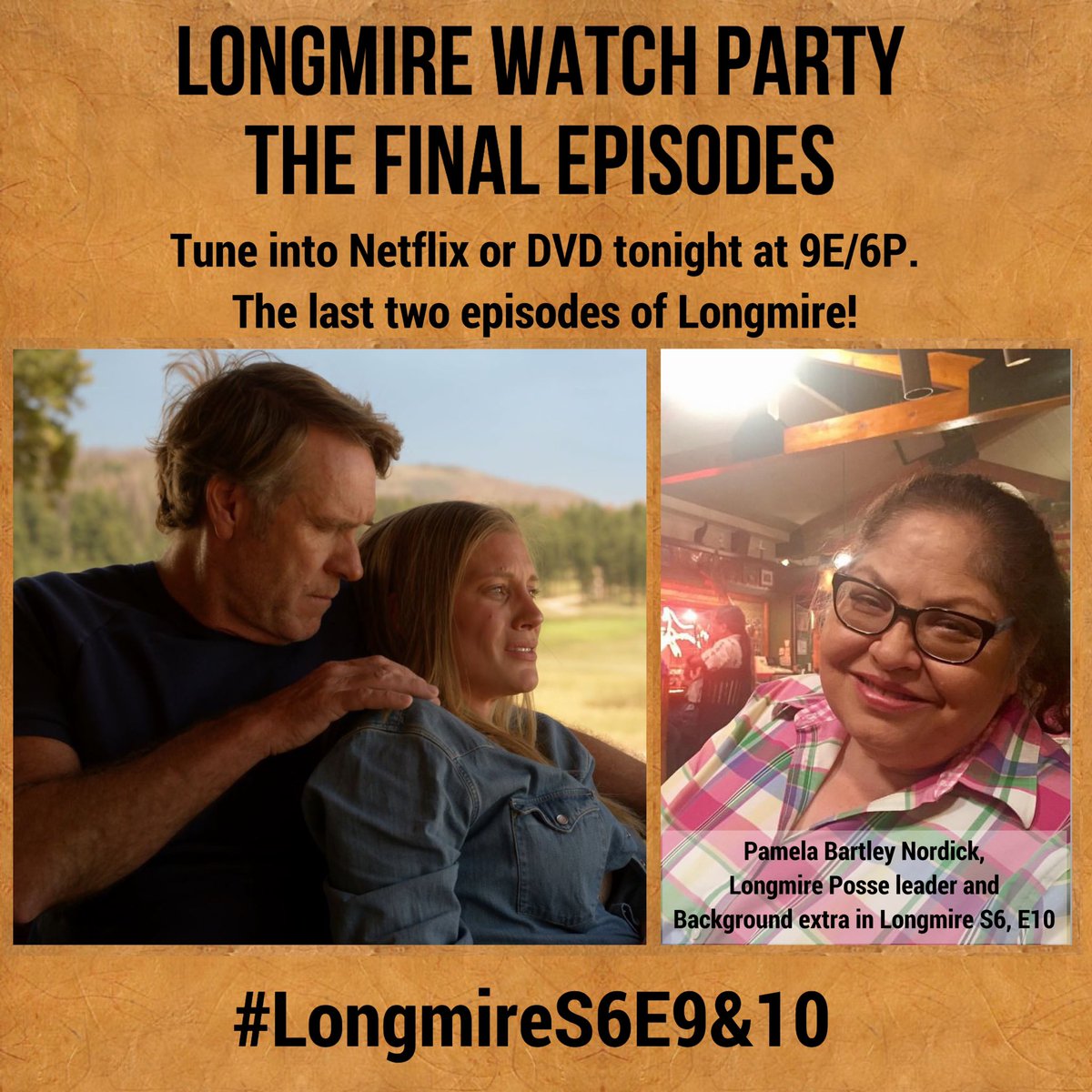 #Longmire Watch Party tonight for the final two episodes of the series, S6, episodes 9&amp;10. Watch for the appearance of yours truly, as an extra in a few scenes. Tune into <a href="/netflix/">Netflix</a> or your DVD at 9E/6P tonight. #LongLiveLongmire