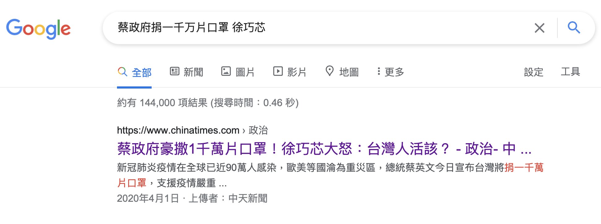 佐拉on Twitter 验证属实 旺旺中国时报此举非常恶劣 先起一个标题叫 蔡政府豪撒1千萬片口罩 徐巧芯大怒 台灣人活該 后来又偷改为 蔡政府捐一千萬片口罩徐巧芯提2點建議 围观链接在 T Co 230w0ue4px 时光机器在 T Co L1pccazerm 截图