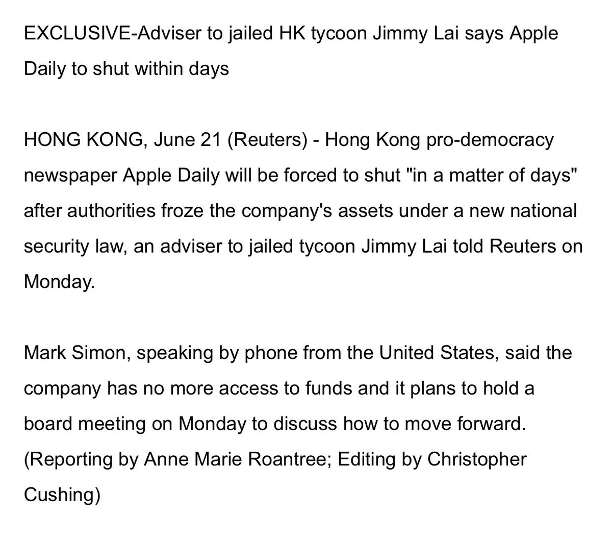billbirtles's tweet photo. Reuters reporting that Apple Daily likely to shut ‘within days’, according to US-based former Next Media executive Mark Simon: https://t.co/yfMHmKZbFX