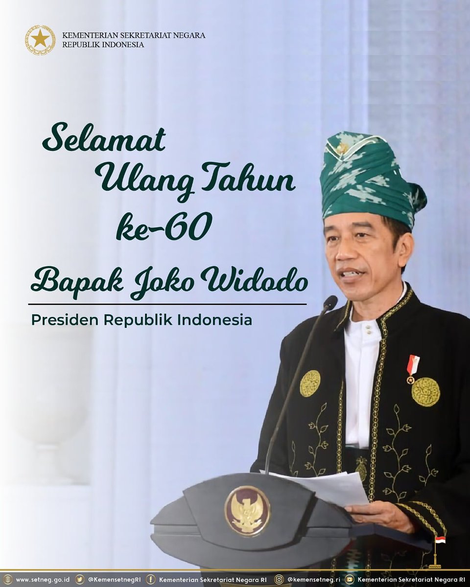 Sekretariat Negara (@kemensetnegri) on Twitter photo Selamat ulang tahun Presiden RI, Bapak <a href="/jokowi/">Joko Widodo</a>
Semoga Bapak senantiasa diberikan kesehatan & kekuatan, serta keselamatan dalam memimpin bangsa.
Membeli bakso pakai sayur sawi
Diiringi lantunan musik lagia
Selamat ulang tahun Bapak Jokowi
Semoga panjang umur & bahagia Selamat ulang tahun Presiden RI, Bapak <a href="/jokowi/">Joko Widodo</a>
Semoga Bapak senantiasa diberikan kesehatan & kekuatan, serta keselamatan dalam memimpin bangsa.
Membeli bakso pakai sayur sawi
Diiringi lantunan musik lagia
Selamat ulang tahun Bapak Jokowi
Semoga panjang umur & bahagia