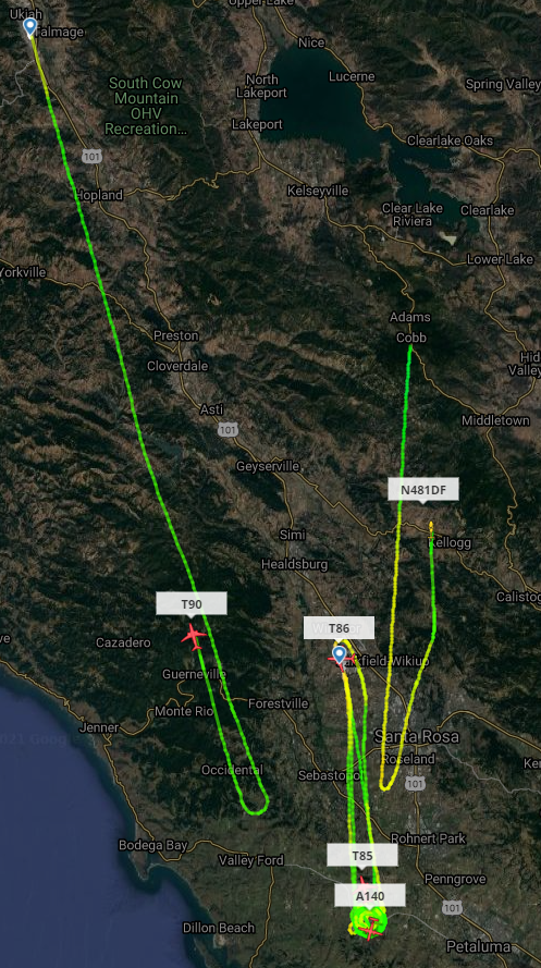 SonomaScanner's tweet photo. (Update 4, 5:41 pm)
#BodegaFire Air Attack releasing Tanker 85 back to Sonoma loaded, with the exception of Air Attack all aircraft are released from the fire. https://t.co/i8ckkNAEee