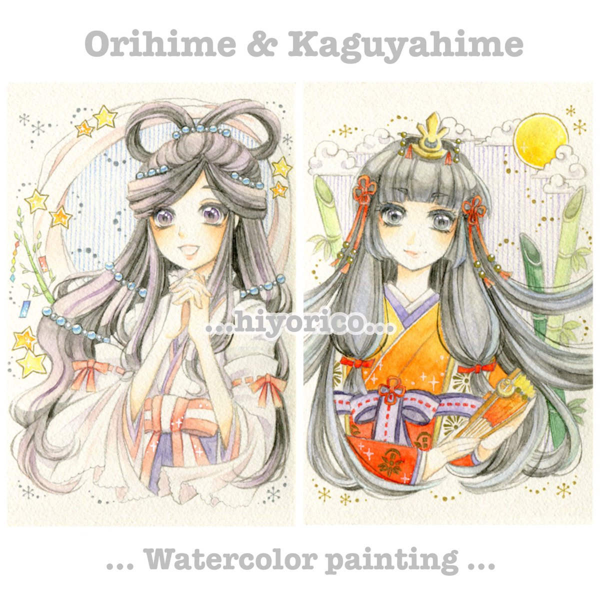 ひよりこ 日和めがね オリジナル 織姫 かぐや姫 透明水彩集中チャレンジ第2弾 です 水分量の調整にまだまだ四苦八苦しつつ 細かい塗りにも挑戦してみました グラデーションを綺麗に塗るのが難しくて その調整も大変でした 透明水彩 透明