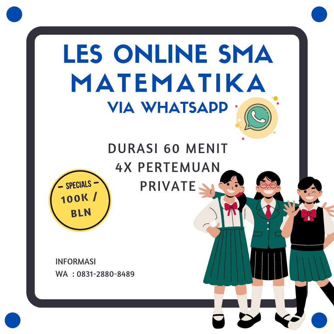 SupermathId's tweet photo. [LES MATEMATIKA ONLINE] 💡
Bismillahirrahmanirrahim
Open Les Matematika Online via WhatsApp. 
Serba 100k/bln ➡️SD-SMP-SMA

Info lebih detail bisa tanya² via WA
Link ada di bio yaaa -

#bimbinganbelajar #bimbel #lesonline #lesmatematika #studytwt #school #Students https://t.co/ja4ATLUIe2